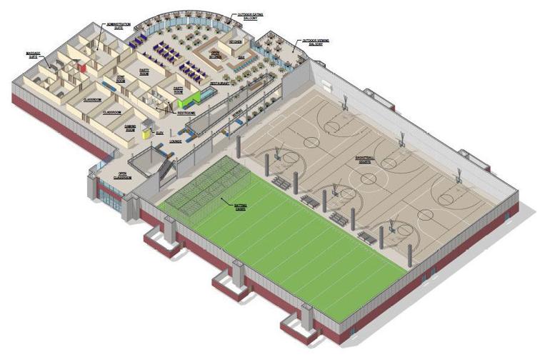 Conceptual indoor sports facility with courts and turf field